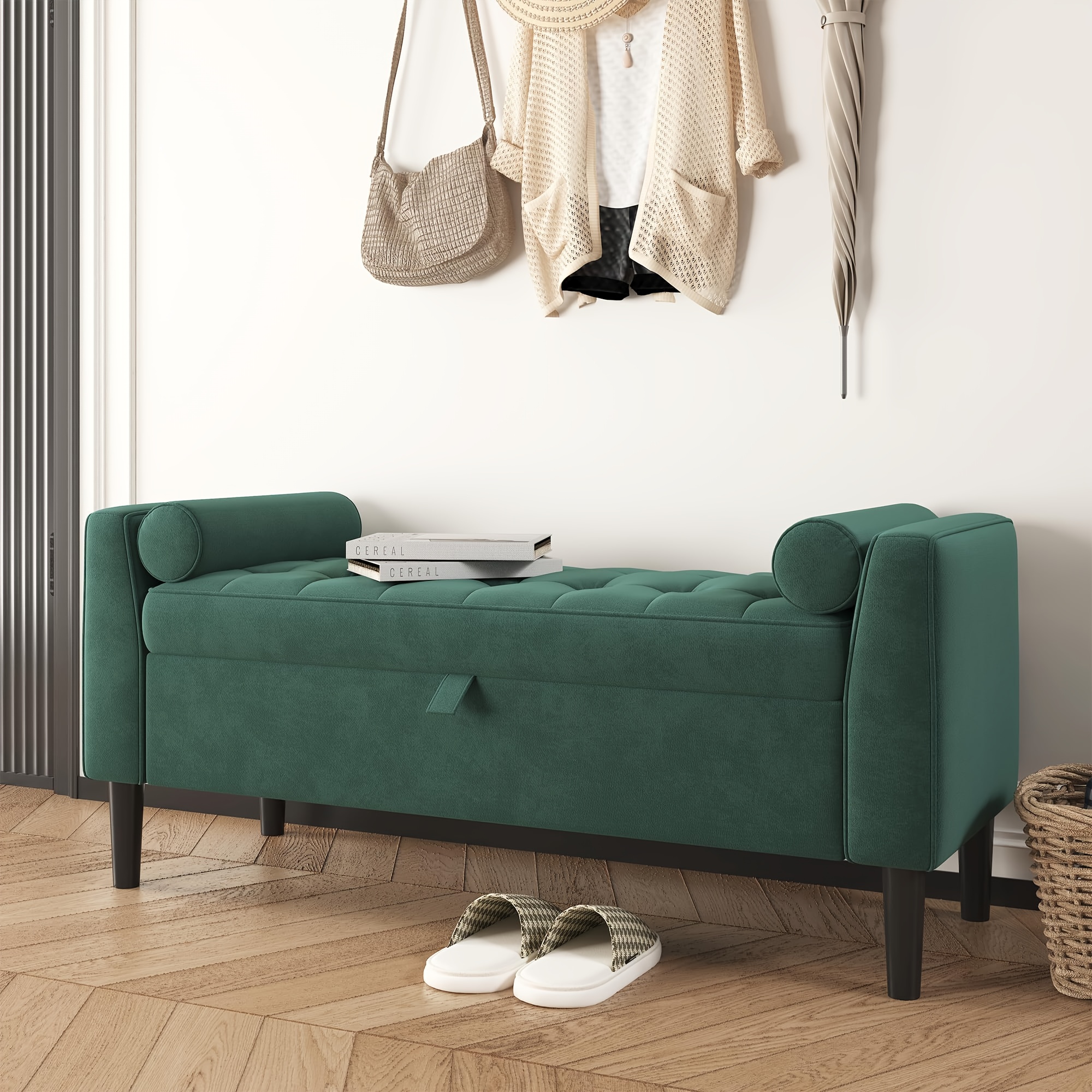 Image of 46.5 Inch Storage Bench, End Of Bed Bench With Storage & 2 Pillows, Seat For Bedroom Entryway Living Room Apartment