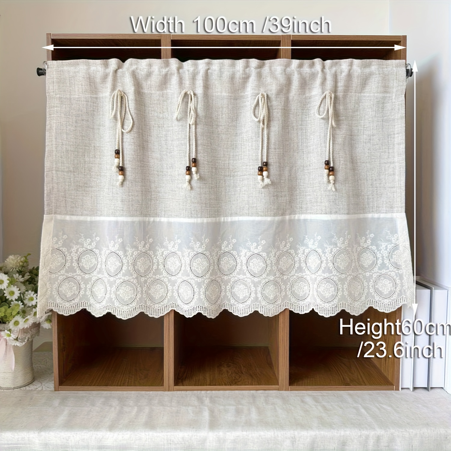 Image of 1pc, Pastoral Embroidered Lace Coffee Curtain, Suitable For Kitchen, Living Room, , Farmhouse Small Window Home Decoration