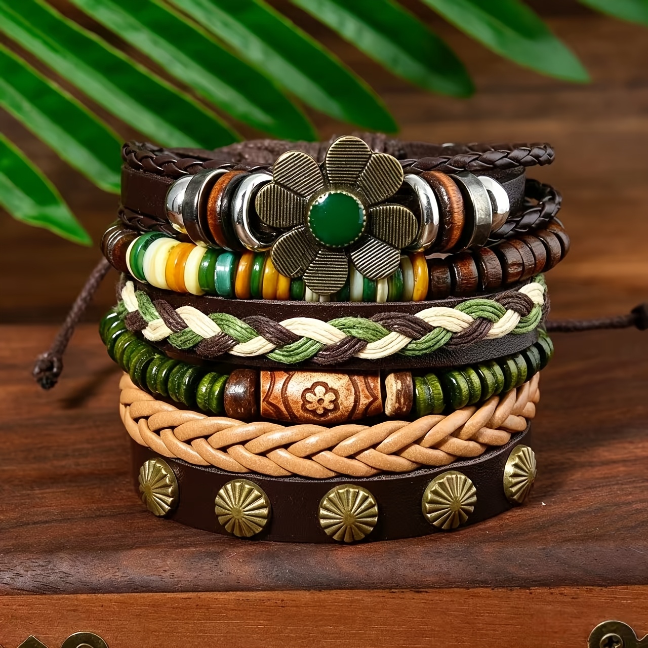 TEMU European And American Bohemian Pu Bracelet Set, Retro Flower Metal Charms Wooden Bead Woven Wristbands, Ethnic Style Bangles & Hand Jewelry