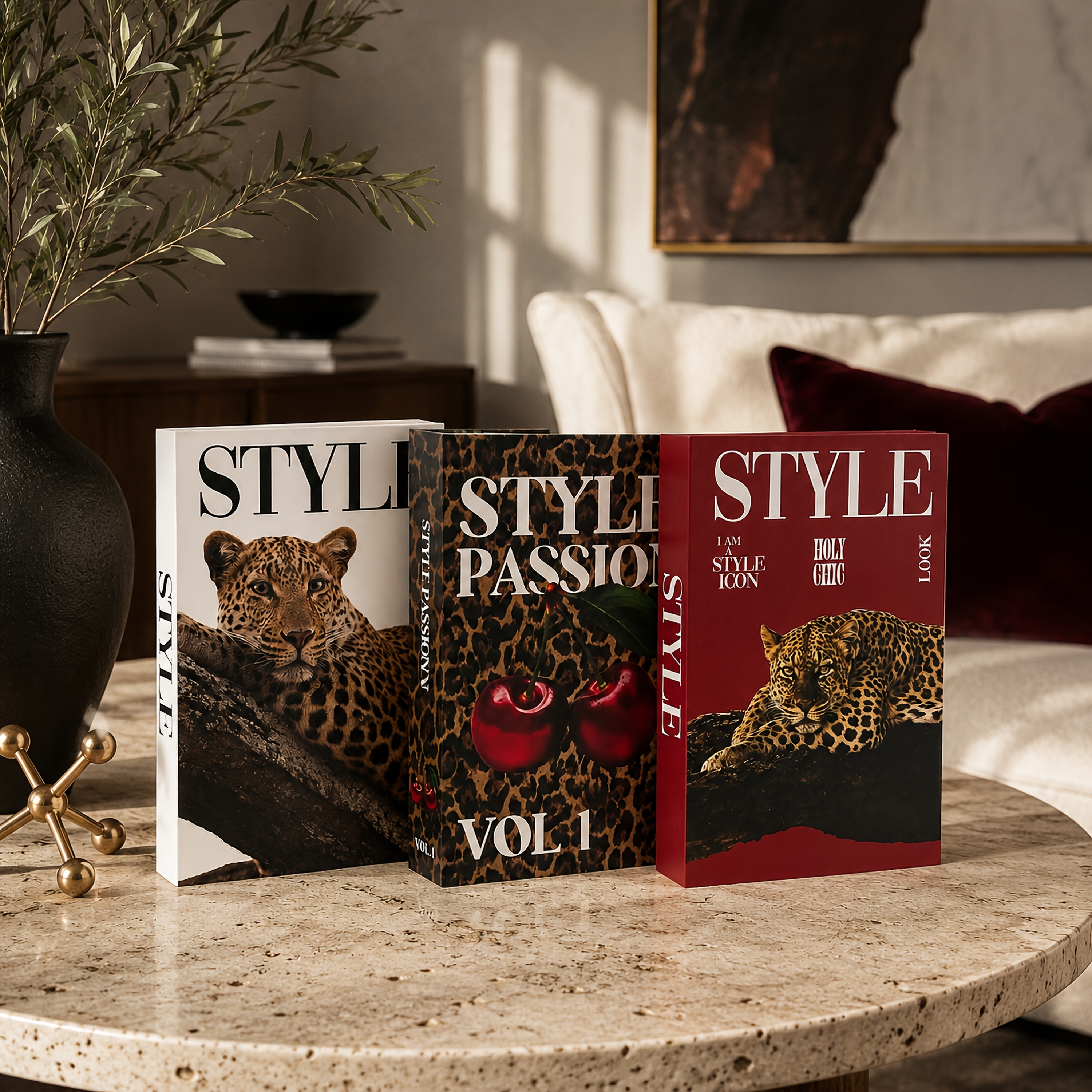TEMU Ensemble de 3 faux livres décoratifs léopards, livres artificiels à imprimé animal de luxe moderne avec un magazine de mode , , décoration