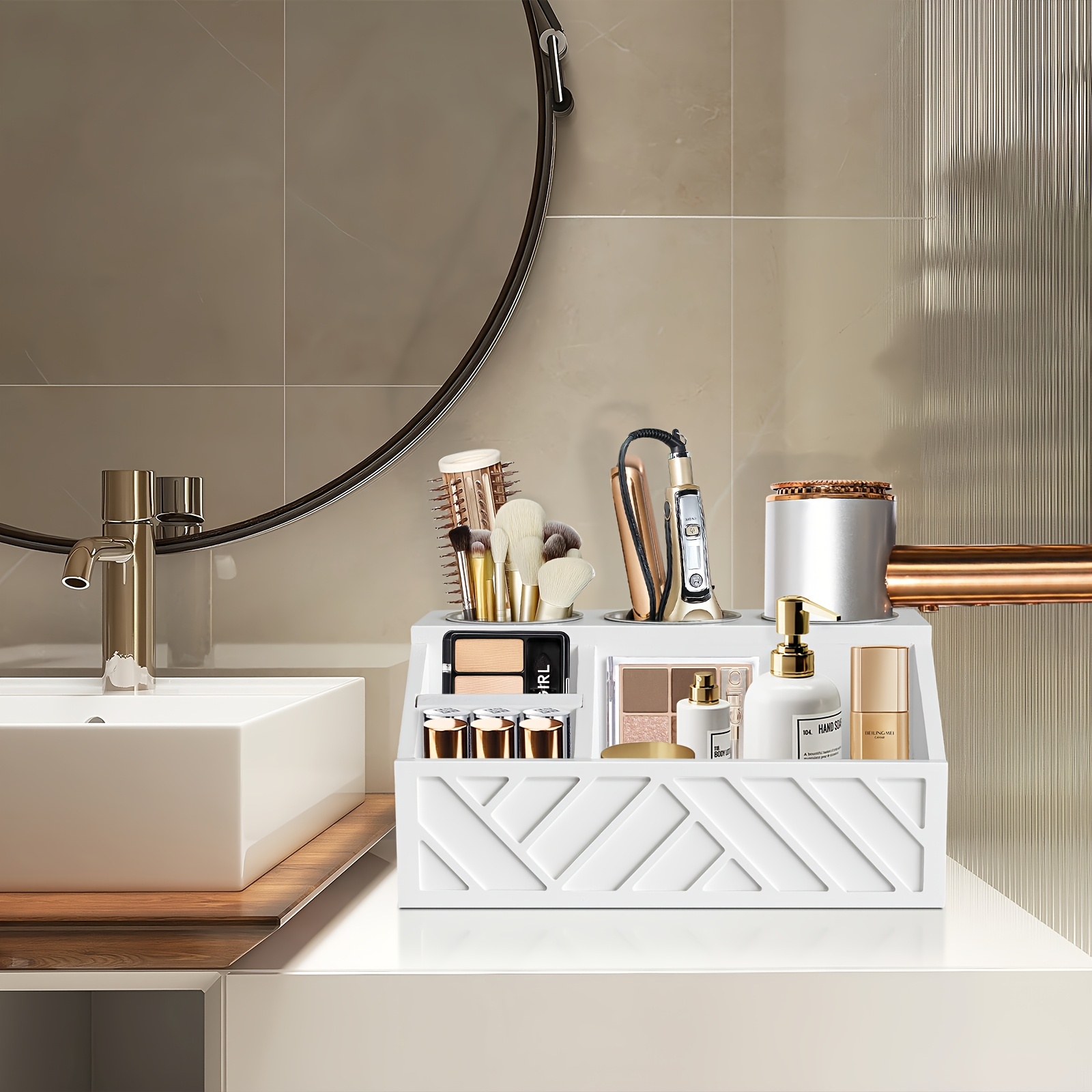 TEMU Chic Wooden Hair Dryer Holder - Wall-mounted Organizer For Bathroom Accessories, Vanity Storage Solution For Makeup & Tools, Shelves