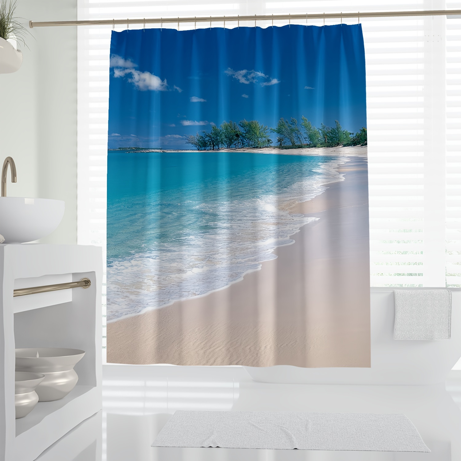 

Coastal : 1pc Waterproof Beach Scene Print Shower Curtain With Hooks - Polyester, Machine Washable, Bathroom Decor