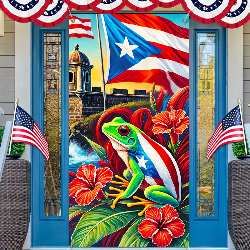 

Polyester Puerto Rico Flag & Frog Door Banner - Hibiscus Flower Photo Backdrop For Home Outdoor, Lawn, Porch - Universal & Seasonal Decoration - 1pc, 35.43x70.87 Inch, Entryway & Party Hanging Decor