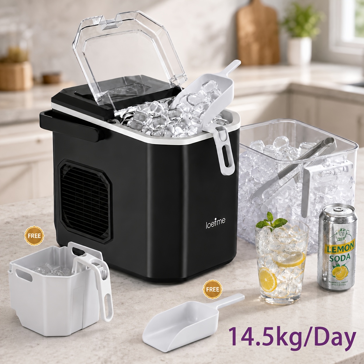 Image of 14.5kg/day Summer Drinks Cube Of Ice Machine, Countertop Ice Maker, 2 Sizes Ice, Self-cleaning With Portable Handle, 9 Ice Cubes In 6-8 , For Home Kitchen Office Bar