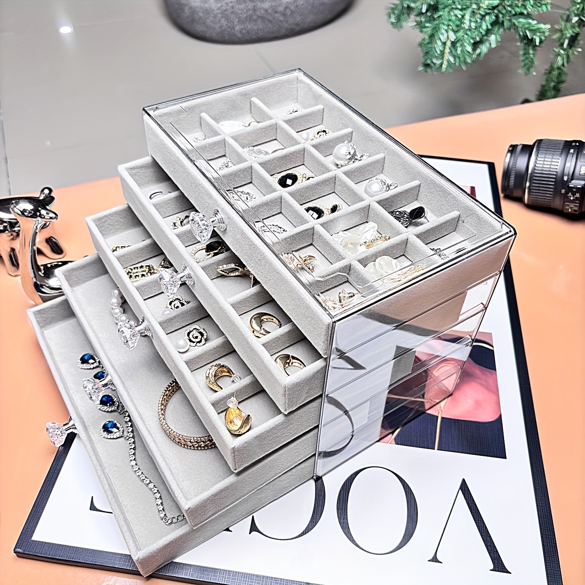   organizer box with beige gray elegant desktop storage case with clear lid multiple compartments slots for rings necklaces bracelets durable plastic construction for   boutique perfect gift for christmas valentines weddings no assembly needed home decor accessory stylish display polished   bridal accessories jewelry boxes Product details 11
