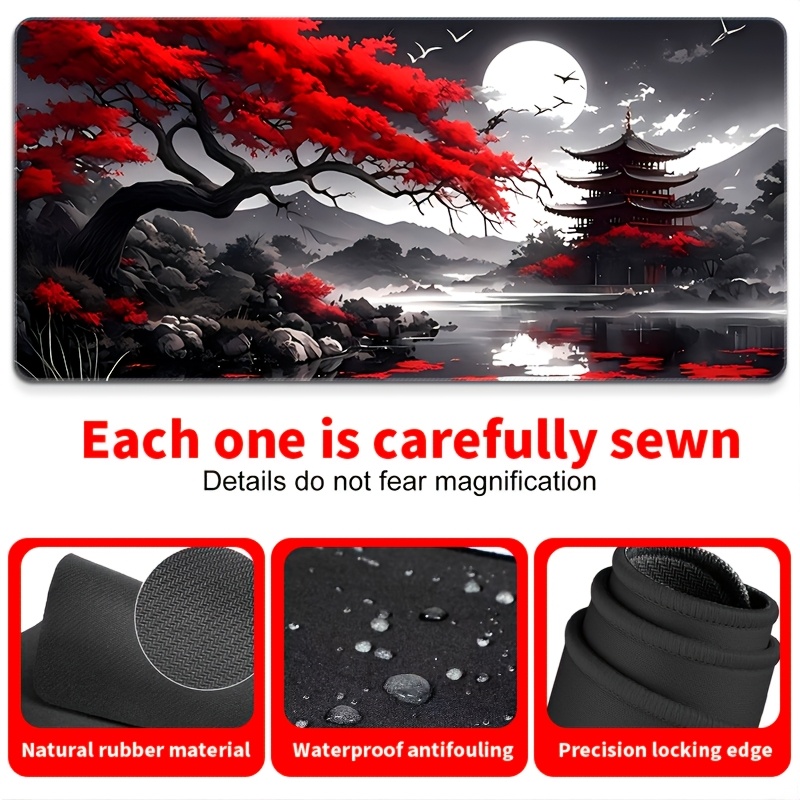 1pc Large Red Fire Style Mouse Pad - Non-Slip, Washable, Vibrant Red & Design with Japanese-Inspired Landscape, Perfect for Halloween & Christmas Gifts