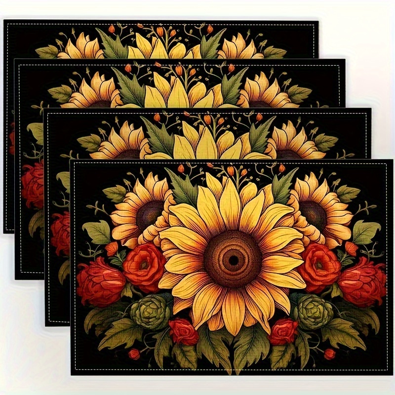 TEMU Hand-woven Linen Mats Set Of 4 - Vibrant Sunflower Design, Heat-resistant Non-slip Linen Table Mats For Dining, Kitchen, Coffee Table | Home Decor