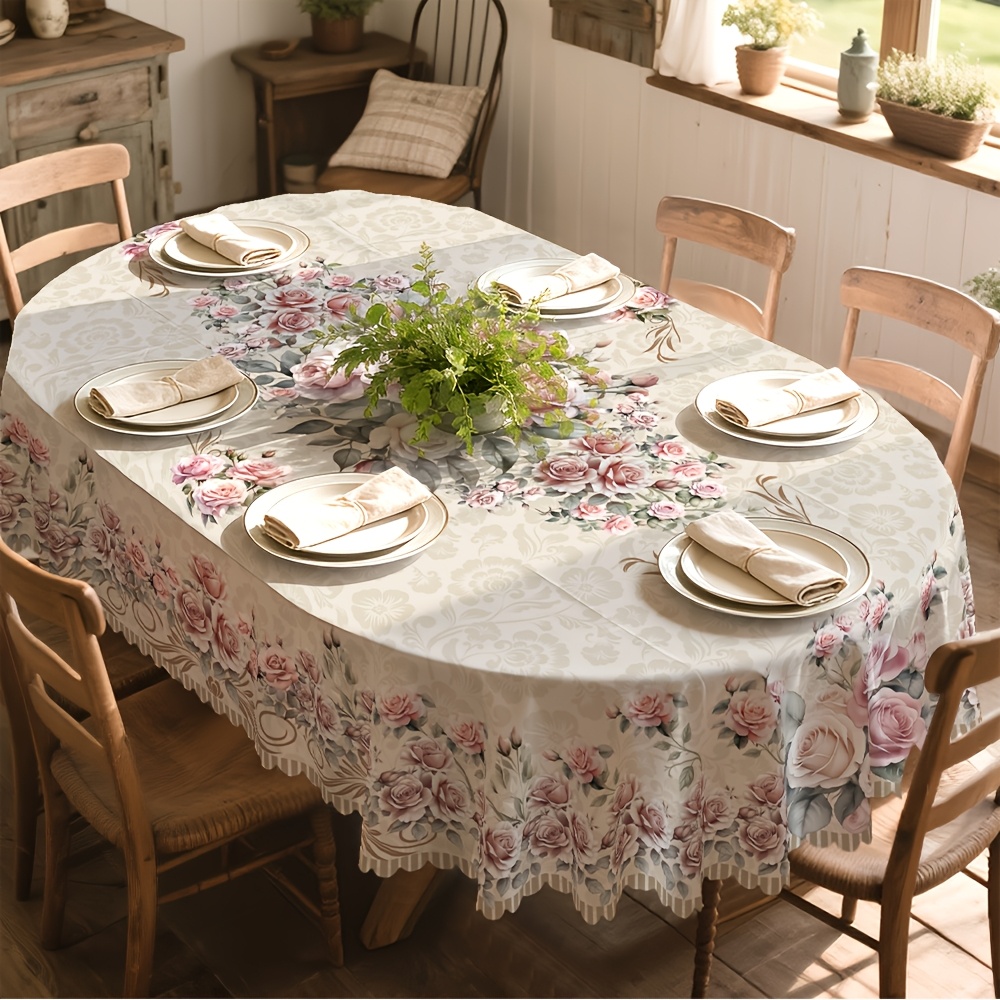 Image of Floral Tablecloth, Yellow, White Decoration, Flowers And Patterns, Round, Rectangular, Oval, Suitable For Banquets, Restaurants, Parties, Festivals, Outdoors, Birthdays