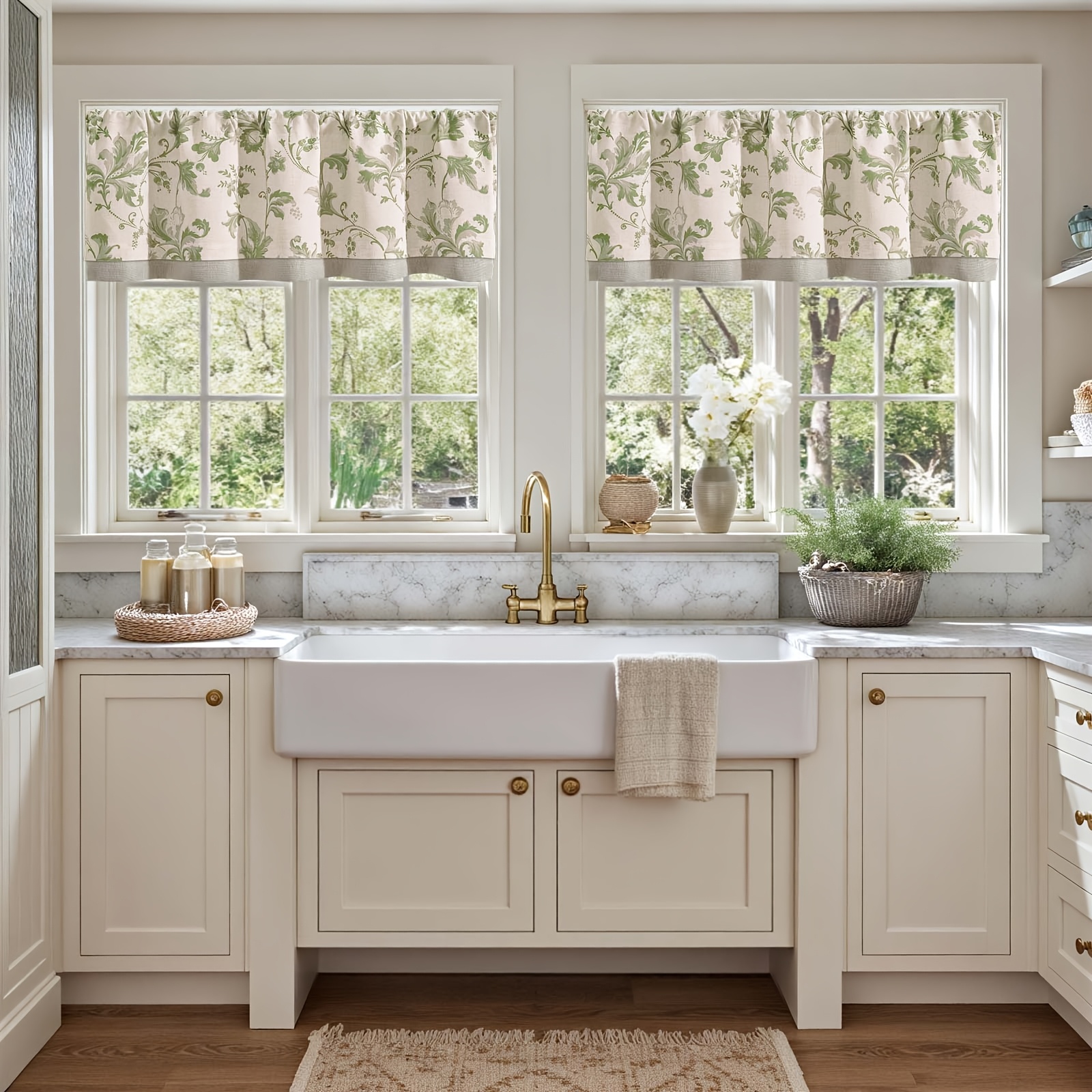 1 Panel Farmhouse Linen Valance Curtain With - Blackout Suitable For Kitchen & Living Room, Rod Pocket, Machine Washable Blocking Curtain For, Beige With Green Floral Valance