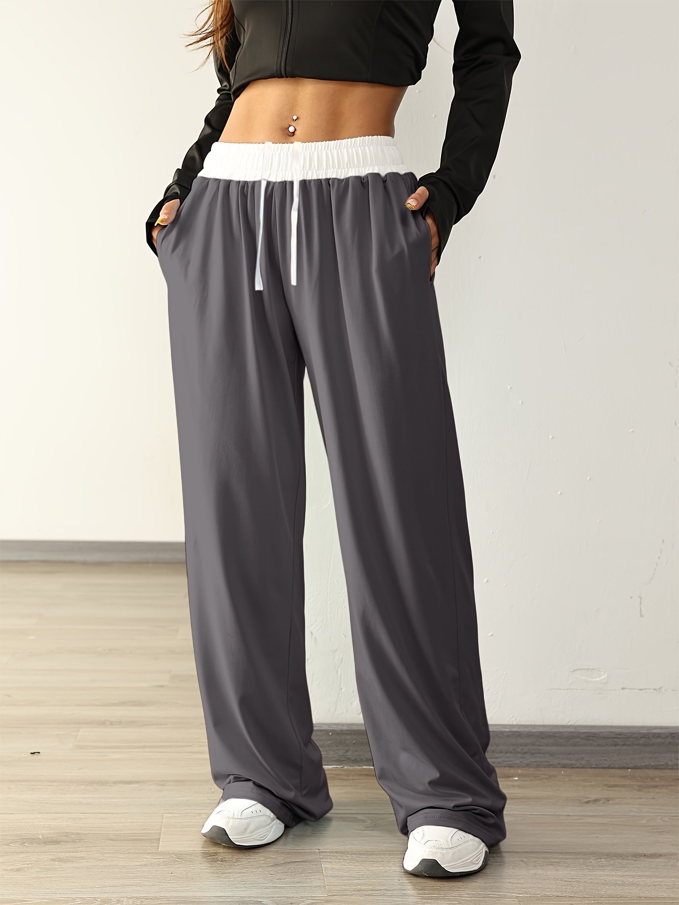 womens high waisted wide leg joggers black white contrast Temu