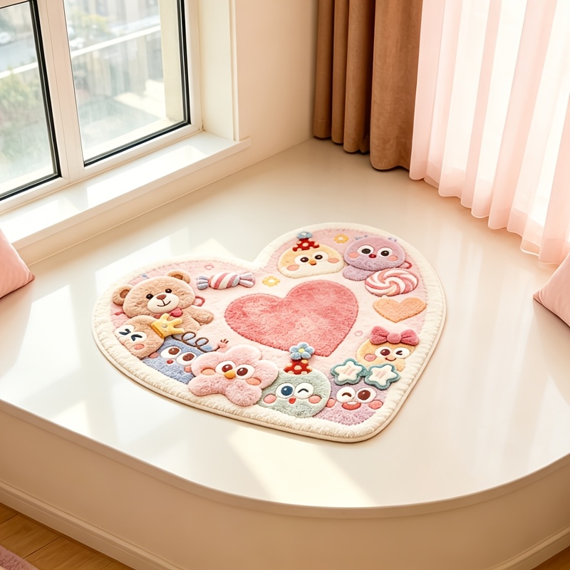 TEMU Faux Cashmere And 900g 9mm Ins Cute Style Macaron Color Pattern Bedroom Decoration Carpet Korean Heart Flower Living Room Sofa Plush Carpet