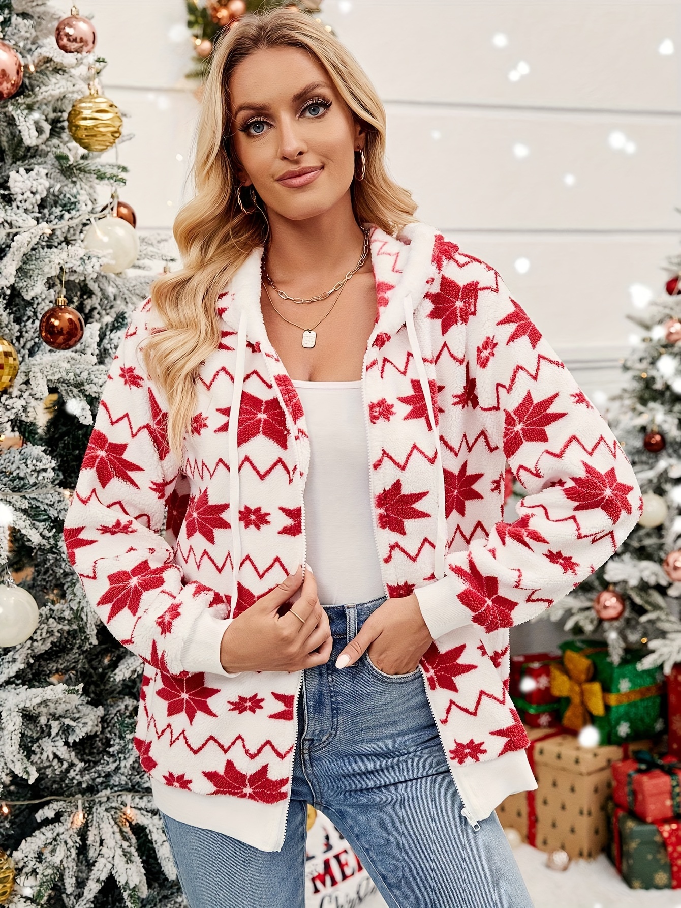 womens christmas striped lace hooded jacket red white winter