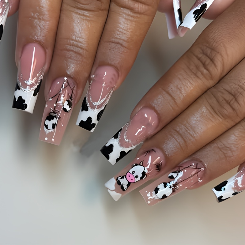 

24pcs Cartoon Cow Design Press On Nails, Long Tapered Mixed With Animal Patterns, , Reusable Fake Nails For Women And Girls, With Easy Application