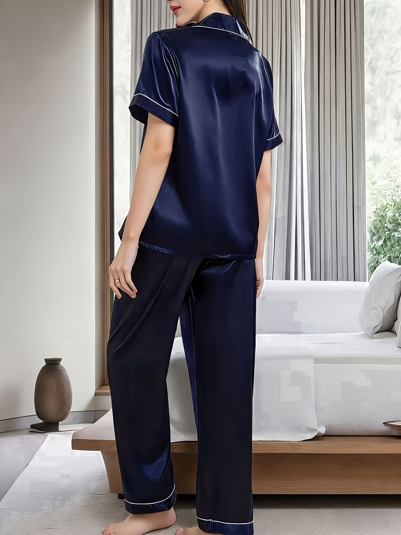 satin spring and summer loungewear for women featuring short sleeves long pants a easy design and a collared cardigan Product details 9