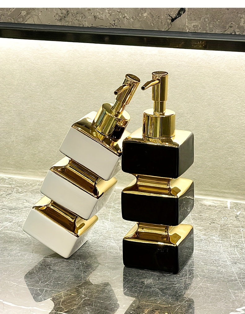 Bathroom Organization And Storage Supplies, Creative Unique Ceramic Mirror Black And White Soap Dispenser, Hotel Washstand Liquid Dispensing Bottle, Pump-Type Empty Bottle, Reusable Shampoo, Shower Gel, Square Tower Lotion Bottle