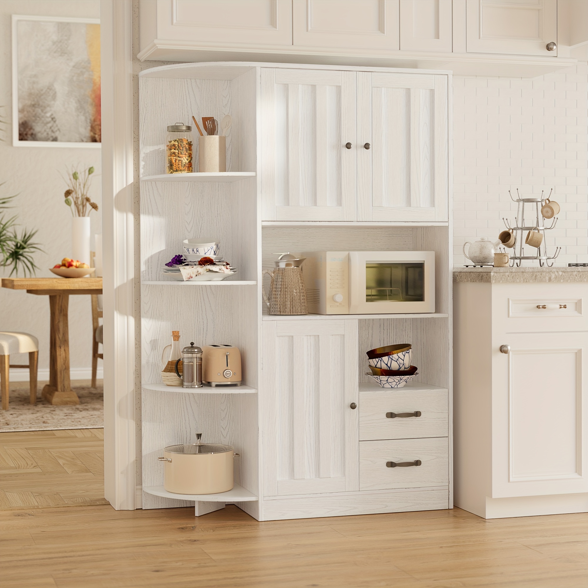 

60.4" Kitchen Pantry & Adjustable Shelves - Spacious Freestanding Hutch For Dining Room, Living Room | Modern With Space, Pantry Organizers And Storage