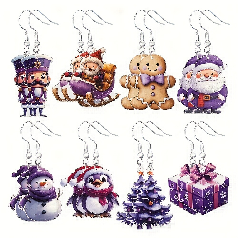 

8 Pairs Of Purple Christmas Earrings Set - Cute Cartoon Santa Claus, Christmas Tree, Snowman And Nutcracker Design Women's Acrylic Earrings, Very Suitable For And Parties