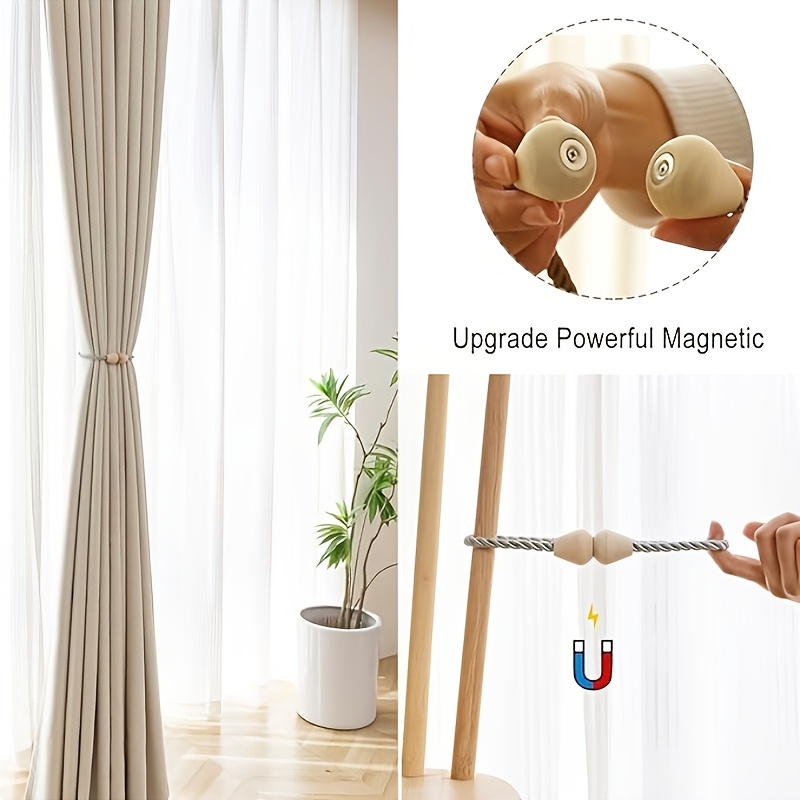 Bohemian Style Wooden Magnetic Curtain Tiebacks, 8pcs Set of Rope Curtain Holdbacks for Handmade Curtains, Multiple Colors Available