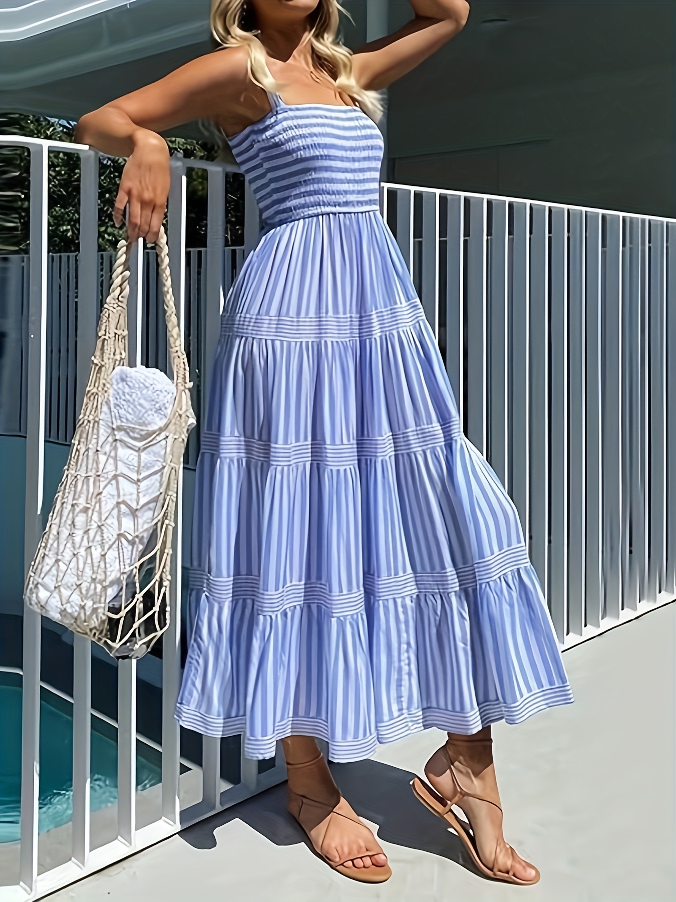 Women's Blue and White Striped Sleeveless Maxi Dress A-* Off-Shoulder  Neckline, Flowy Polyester Fabric Spring/S