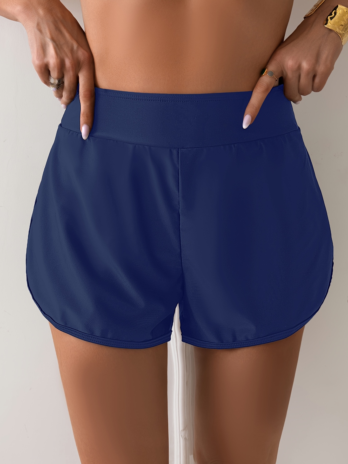 Women's High-Waisted Double-Layer Swim Shorts with Side Solid Color  Navy Blue, Four-Corner Fit, Elegant Beach Casual Shorts, Hand Wash Only,