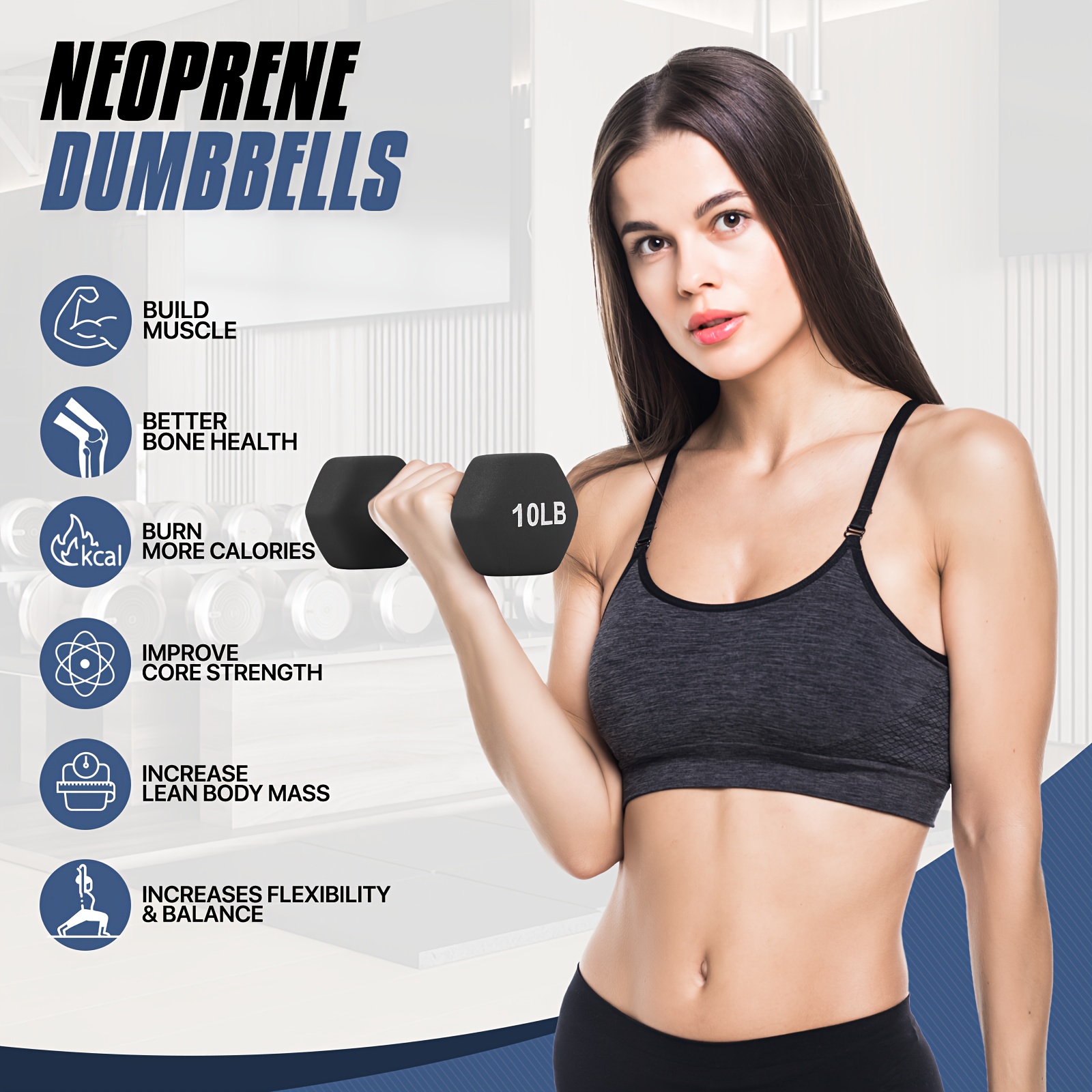 [Non-Slip Neoprene Coated Hand Weights] Set of 2 Neoprene Coated Dumbbell Hand Weights, Anti-Roll Non-Slip Hexagon Shaped 10 LB Weights