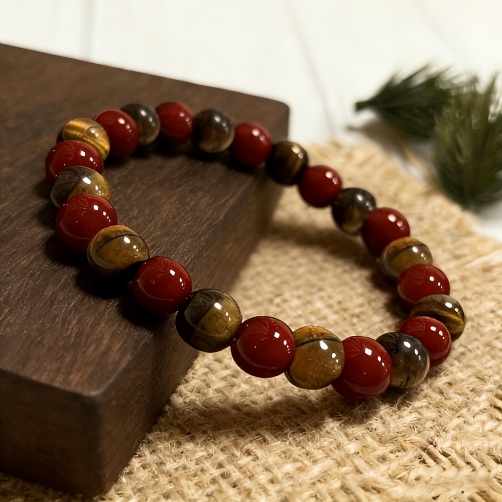 TEMU Bracelet Bangle Élastique 1 pièce avec Perles d'Espacement en d'Œil de Tigre Nouvelle et Artificielle Rouge, Convient pour un Port par Femmes et