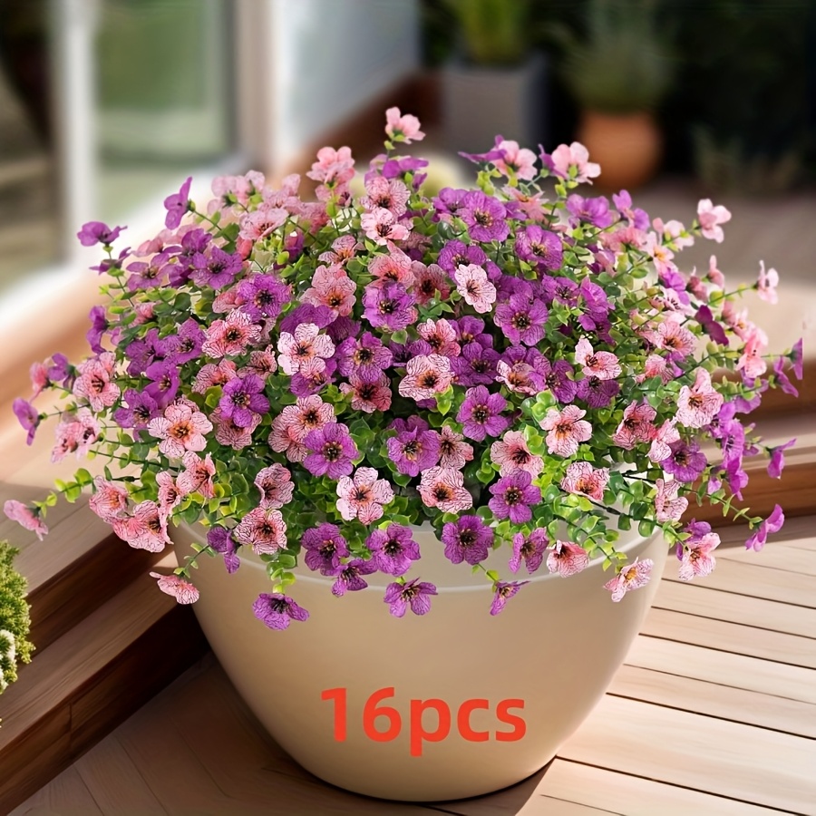 Image of Spring Artificial Plants Flowers For Outdoor Spring Summer Decor, 16 Bundles Faux Silk Daisy For Planter Pot Colorful Uv Resistant Look Real For Front Door Porch Patio Outside Yard (purple. Pink)