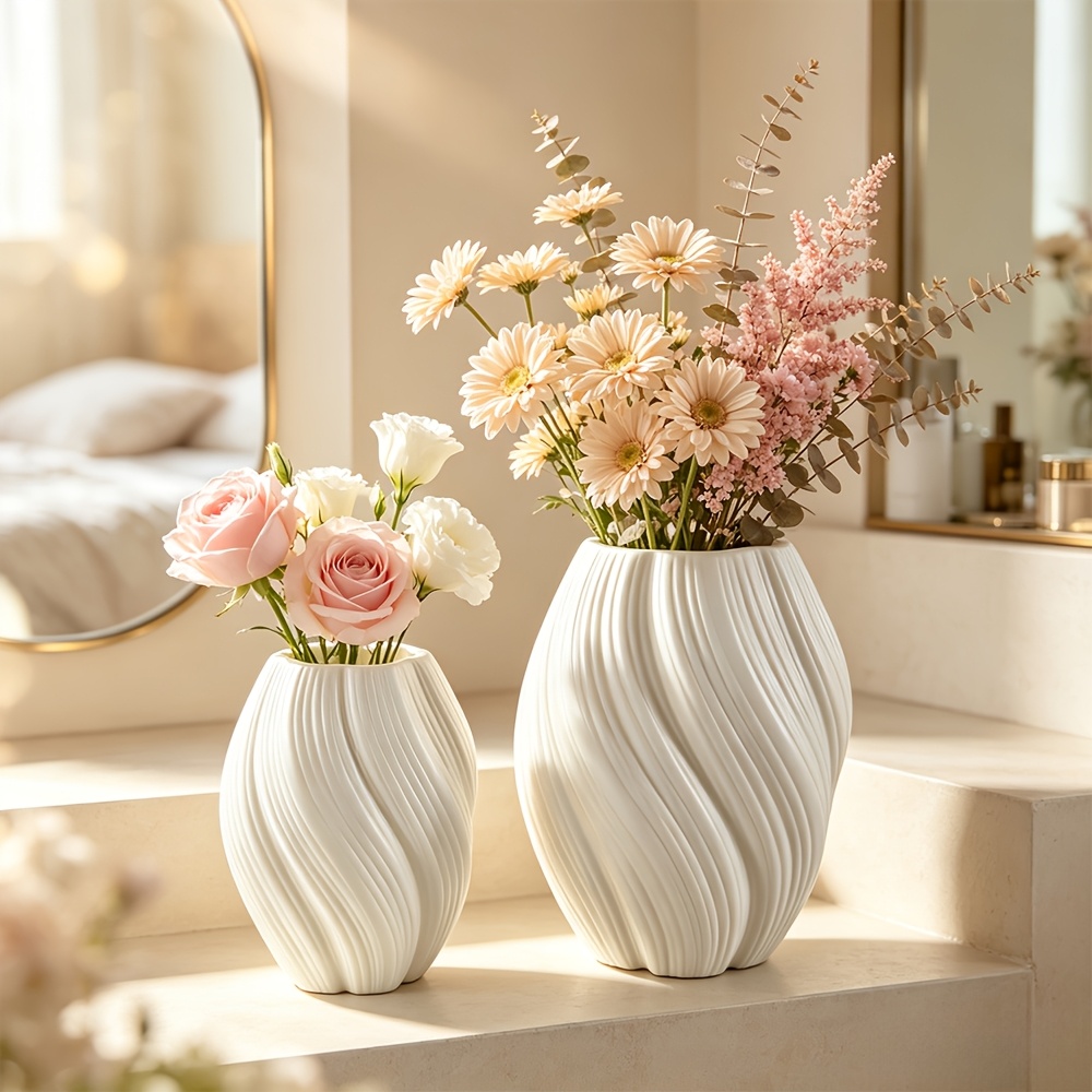 TEMU Lot de 2 vases en plastique texturé spirale fluide blanc, et grands pots de fleurs de galet, art moderne , élégant centre de table floral pour