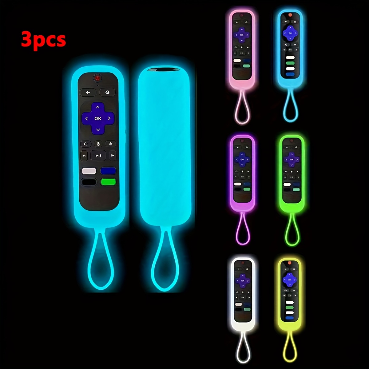3pcs Multi-Color Glow-in-the-Dark Silicone Remote Control Covers with Lanyard, Suitable for TCL ROKU Series RC280TV, Easy to Find with Glow, Convenient Storage with Lanyard, Semi-Wrapped Shockproof and Drop-Resistant