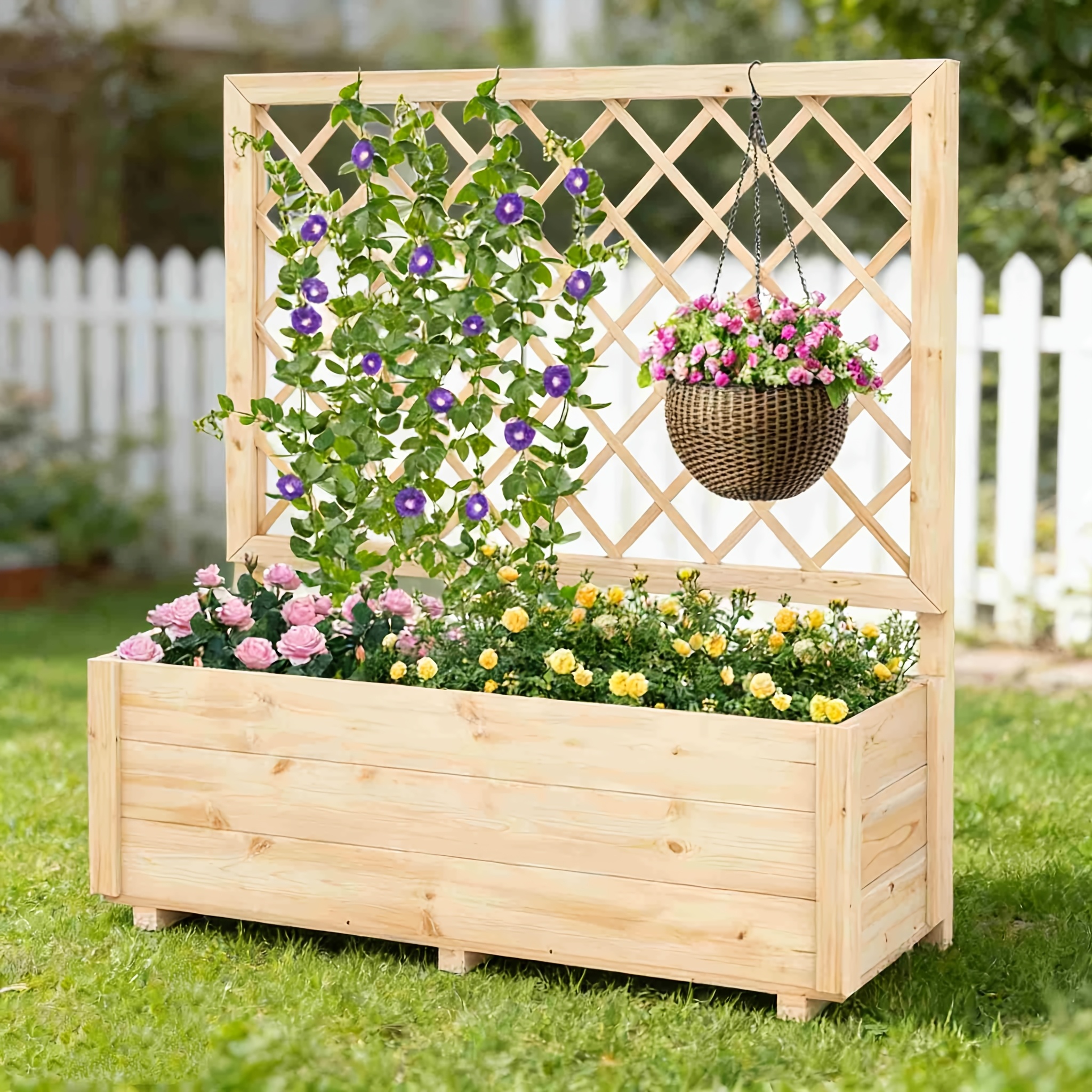 E-shop Holz Pflanzkasten mit Rankgitter, erhöhtes Beet mit Drainagelöchern, ideal für Kletterpflanzen, für Garten- und Balkonpflanzen, hergestellt aus