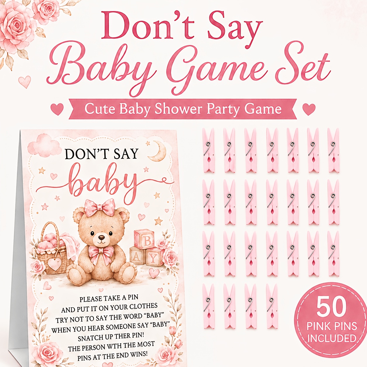 TEMU 51pcs Don't Say Game Set, 1 Sign With 50 Mini Clothespins, Fun Party Games For Guests, Girl Shower Decorations, Gender Reveal Activity Supplies,