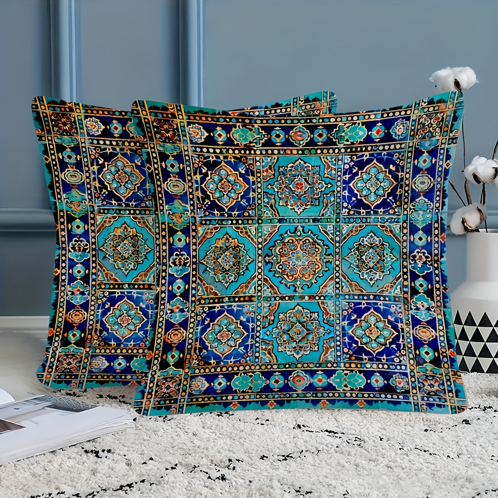 TEMU 2 pièces Housses de Coussin Décoratives Vintage Ouzbek Bleu et Turquoise, 45,72x45,72cm, Peluche Courte Ultra-Douce, Impression - avec Motif de