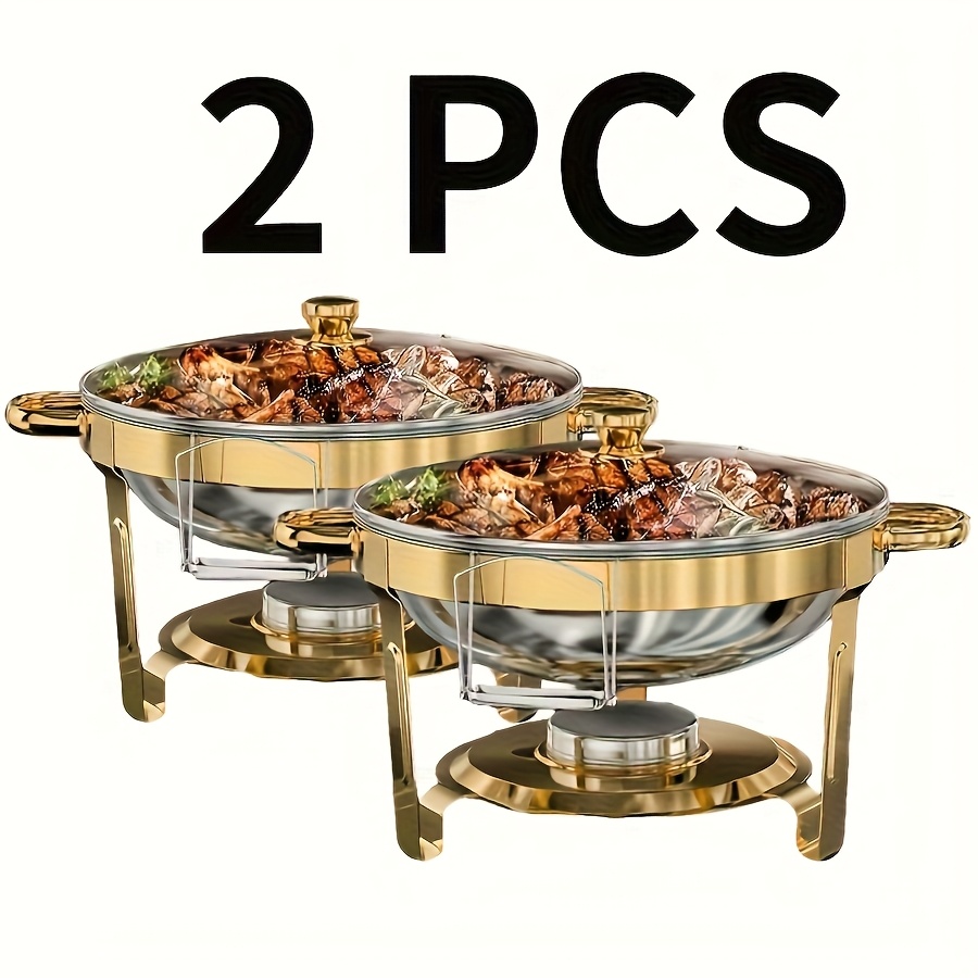 Image of 1/2/4pcs Stainless Steel Chafing Dish, 4.5l With Transparent Glass Lid And Lid Holder, 95% Pre-assembled, Suitable For Party Catering Events, With Safe Rolled Edge, Cooking., Cooking