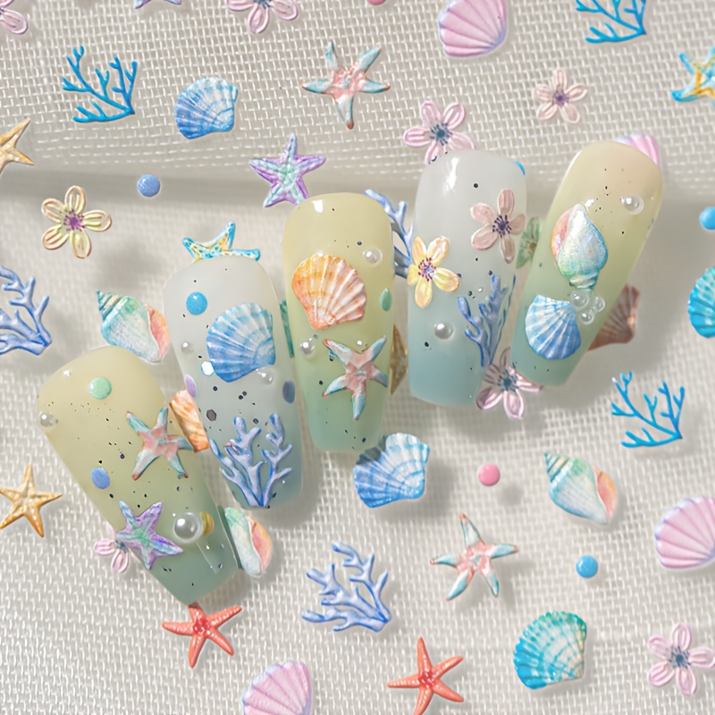 1 Sheet 3d Ocean Nail Art Stickers - Realistic, Starfish, Coral & Embossed Fish Scale & Seaweed Tips, Matte Diy Manicure/ Pedicure Decals For Sea-themed Nail Designs (plastic, No Glue Needed)