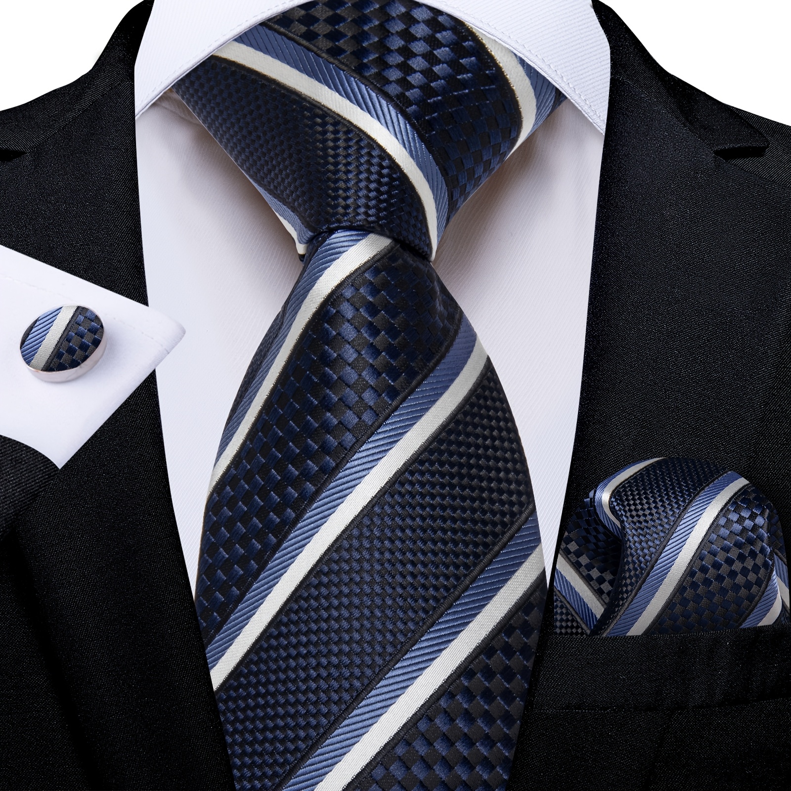 Sleek Navy & White Stripe Men's Tie With Matching Pocket Square & Cufflinks, Polished Upgrade For Business , Anniversary Dinners & Formal Events