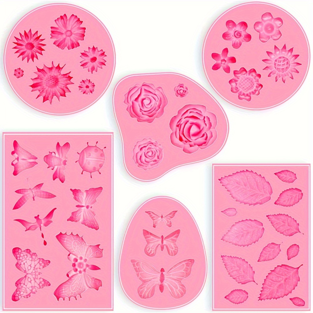 

6pcs Fondant Molds, Mini Flower Mold Molds Leaf Mold, Rose Clay Molds Pink Polymer Clay Molds, Silicone Molds For Cake Decorating - /rose/leaves