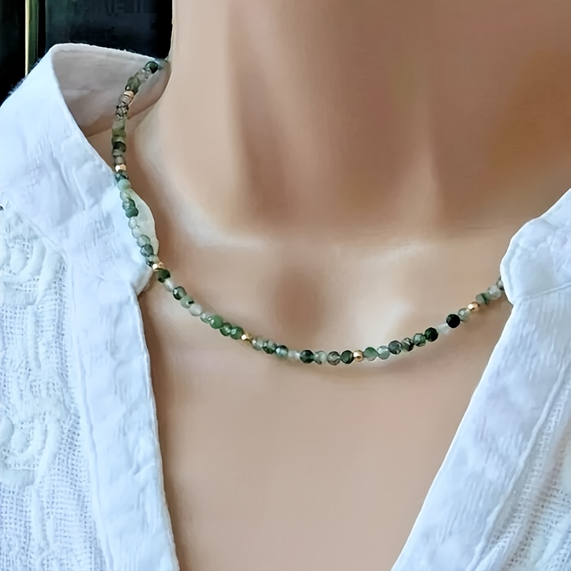 E-shop 1 Stück Vintage Boho Minimalistischer Moosachat-Choker - Natürliche Grüne Runde Perlenkette für den & Geschenk, Ganzjahres-Bohemian Accessoire