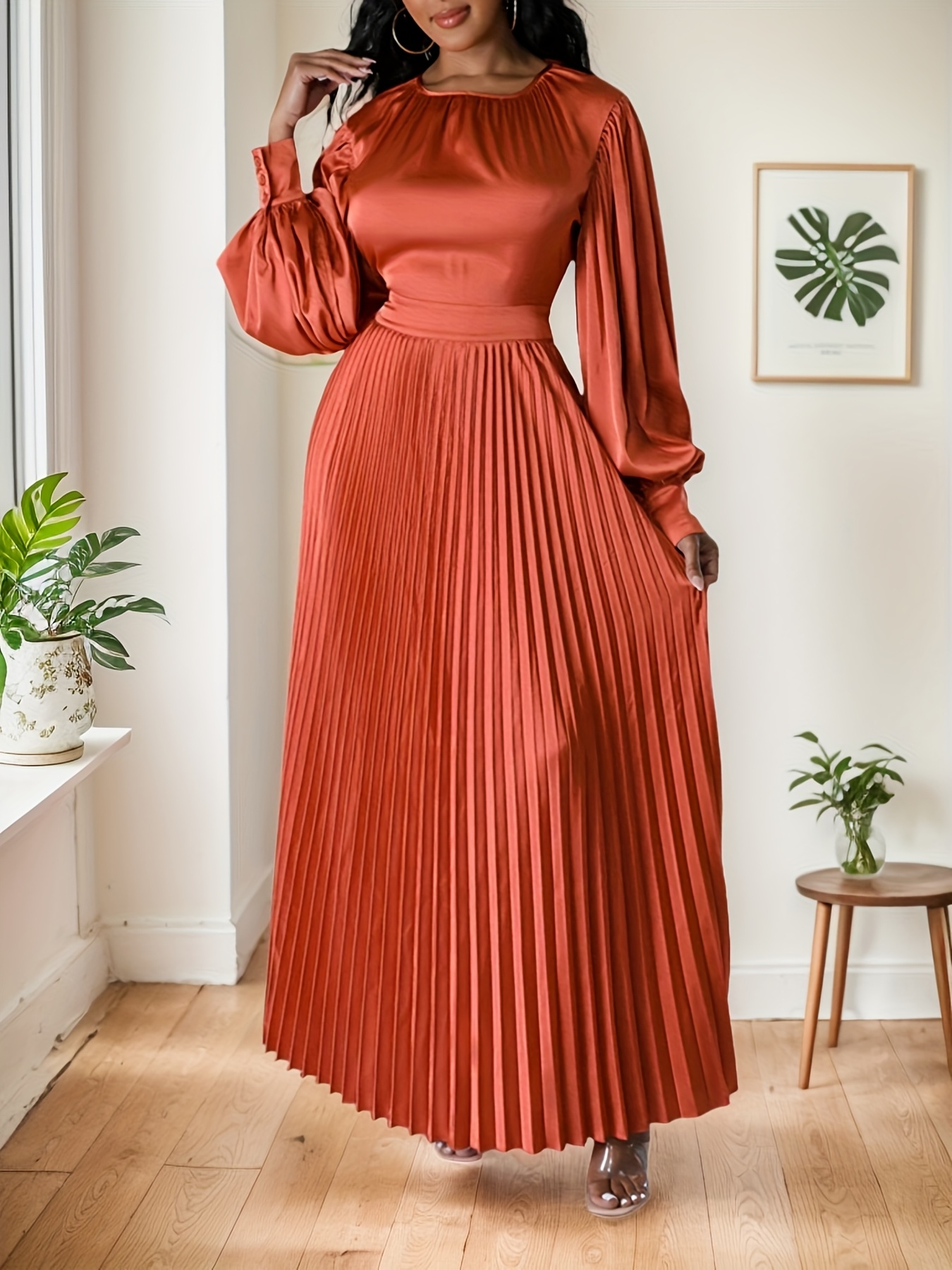 Plus Size, Plus Size Evening Dress Business Casual Women Formal Prom Party  Dress, Pleated Long Sleeve Maxi Dress (Without Belt) * for Wo