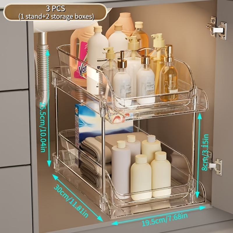 TEMU 3pcs 1pc Support And 2pcs Storage Boxes Double-layer Under-sink Organizer Drawer-style Cabinet Multifunctional Bathroom Storage Shelf