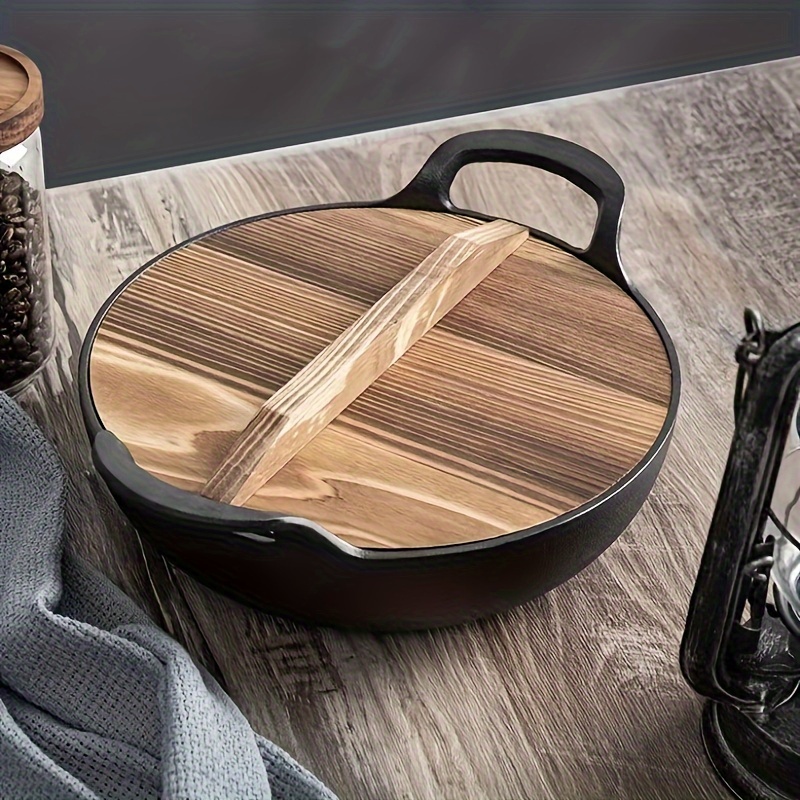 1pc cast iron wok with wooden lid non stick induction gas stovetop compatible ideal for cooking   boiling noodles food contact safe kitchen cookware 7