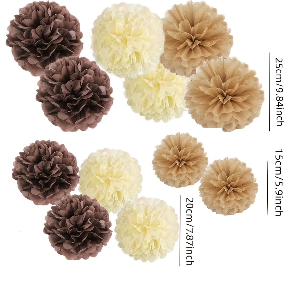 12pcs Brown Tissue Paper Pom Poms Khaki Caramel Party Decorations Ivory Beige Cream Boho Tan Flowers Wall Hanging Decor Supplies Rustic Neutral Birthday Wedding, For Halloween, Christmas