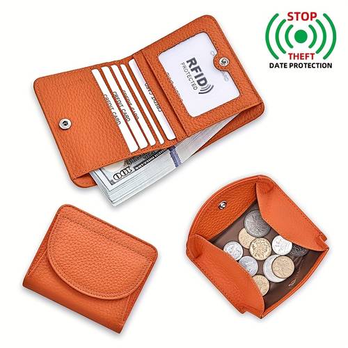 chic mini unisex genuine leather bifold wallet with card holder and coin purse snap closure textured cowhide design pink red black for her accessory stylish wallet neutral small wallet