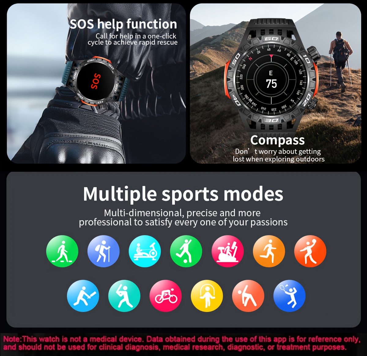 1 montre intelligente de survie air, avec écran led de 1.46 et batterie de 450 mah, podomètre , moniteur de fitness, cadeau pour femmes et hommes, compatible avec iphone et détails 2