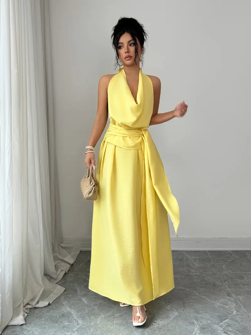 wrap front halter neck dress Halterneck Cowl Front Studded Wrap Detail Maxi Dress In Khaki | EGO US