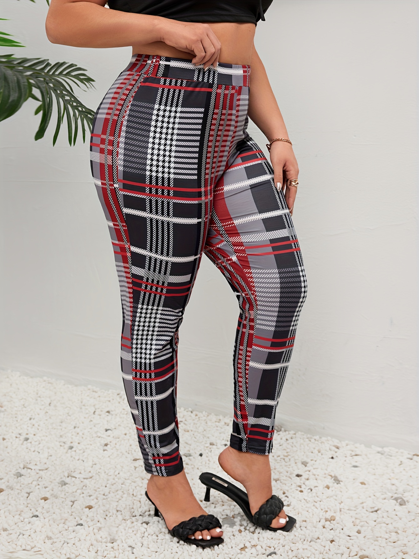 Plus Size Casual Pants, Women's Plus Gingham Print High * Slight Stretch  Leggings