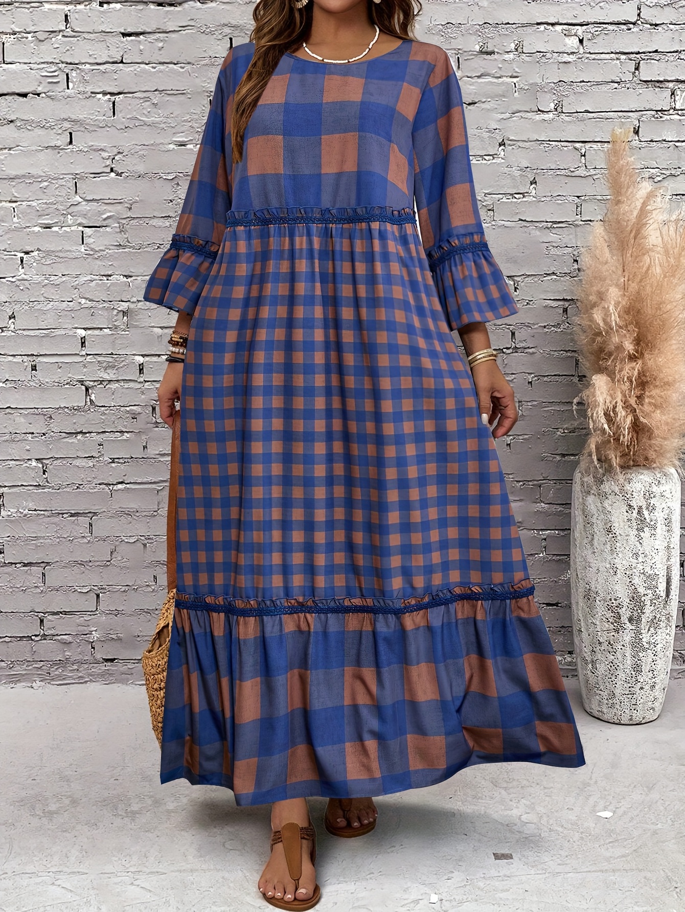 1pc Elegant Plus Size Women'S Plaid Long Dress with Ruffle Detail, Crew  Neck, Long Sleeve, Loose Fit, Non-Stretch Polyester * Pullover with