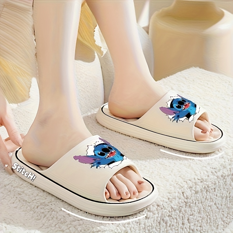 Disney Stitch Women's Soft EVA Slip-On Slippers - Non-Slip Ventilated Shower Design, All-Season Indoor/Outdoor House Shoes with Cute Cartoon Pattern, Black & Pink Options, Hand Washable, Indoor Footwear, Slipon Style, Durable Footwear