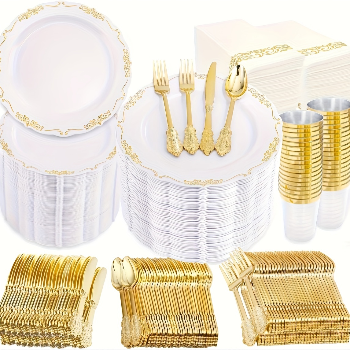 

Supernal 800pcs Gold Dinnerware Set, 100pcs 10.25" Gold Rim Plates, 100pcs 7.5" Gold Plates, 400 Gold Plastic Silverware, Gold , Gold , Dinnerware