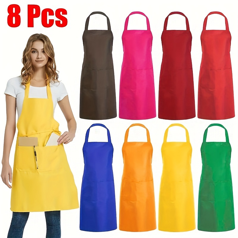 

8pcs Adjustable Kitchen Aprons, Solid Colors With Pockets For Cooking, Chefs, , Bbq & Hairdressing