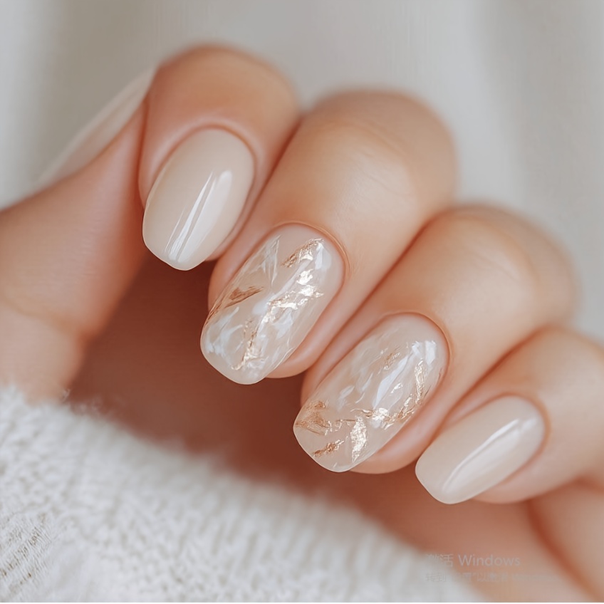 TEMU 24pcs Milky Nude Oval Medium-length Press-on Nails With Luxury And Hand-painted Shell Accents, False Nails For Daily Use To Light Beige With A